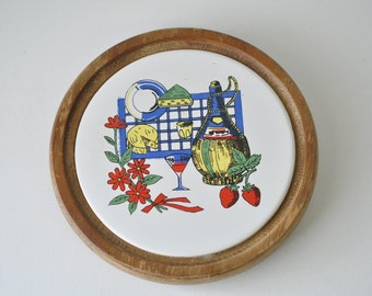 vintage hot plate ceramic tile trivet with wooden border