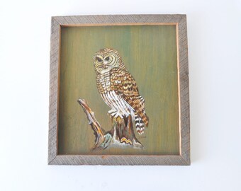 vintage hand painted on barnwood with rustic frame OWL painting