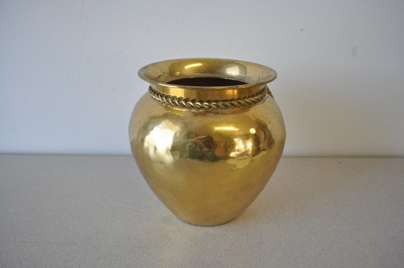 vintage Solid India Brass Mid Century planter Vase with brass rope tie trim brass planter indoor plant brass vase image 6