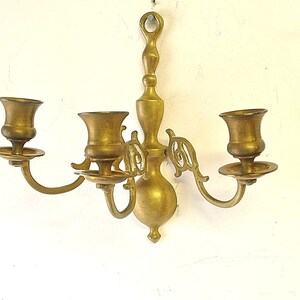 vintage three arm brass candleholder sconce / wall candleholder / 1970s brass candleholder / entry way candleholder / bathroom wall sconce image 2