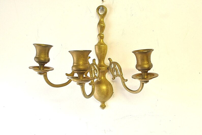 vintage three arm brass candleholder sconce / wall candleholder / 1970s brass candleholder / entry way candleholder / bathroom wall sconce image 2