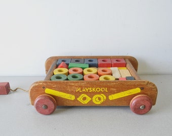 Vintage PlaySkool wooden Toy Wagon Pull Cart with various shaped wooden blocks / Learning Tool Shapes and Colors