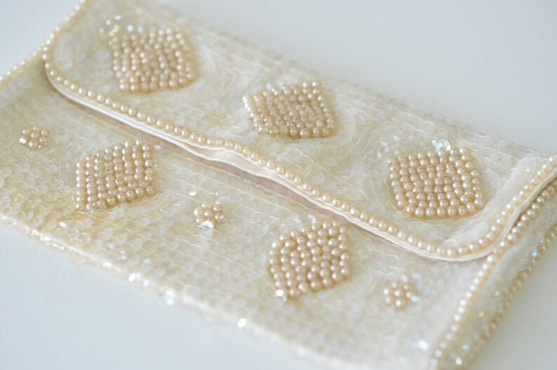 vintage pearl and sequin envelope style clutch purse La Regale Purse 1960s BEADED Fancy Clutch Purse bride purse glam purse mod purse