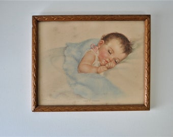 antique 1930s Charlotte Becker baby painting carved wooden frame / vintage Land O Dreams baby litho