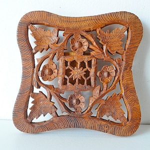 Vintage   Handcarved Wood Teak Trivet Vintage Teak Trivet | Handcarved Wood Teak Trivet Vintage Square Carved Wood Trivet