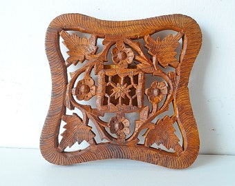 Vintage Teak Trivet | Handcarved Wood Teak Trivet Vintage Square Carved Wood Trivet w/ Bone Inlay Detail- Made in India,