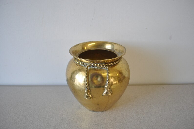 vintage Solid India Brass Mid Century planter Vase with brass rope tie trim brass planter indoor plant brass vase image 5