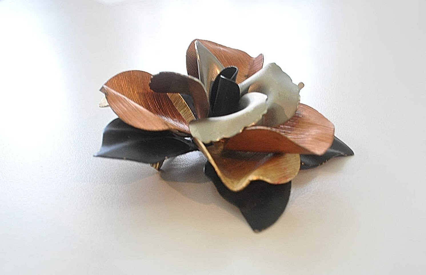Vintage Copper Silver Black and Gold Metal Flower Pin Vintage Copper Silver Black and Gold Metal Flower Pin