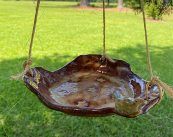 funky glazed handmade stoneware bird feeder bird bath with sculpted bird