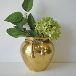 vintage Solid India Brass Mid Century planter Vase with brass rope tie trim brass planter indoor plant brass vase image 1