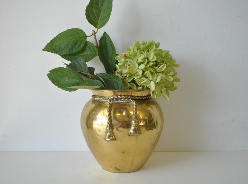 vintage Solid India Brass Mid Century planter Vase with brass rope tie trim brass planter indoor plant brass vase image 1