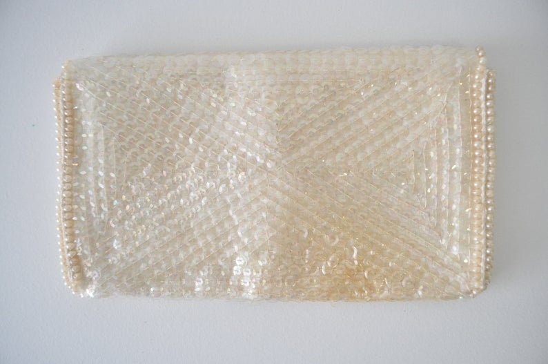 vintage pearl and sequin envelope style clutch purse La Regale Purse 1960s BEADED Fancy Clutch Purse bride purse glam purse mod purse
