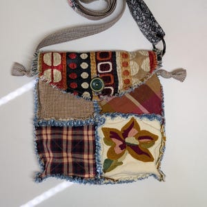 Handmade crossbody quilted patchwork  bag, upcycled denim. Rolling Grannies
