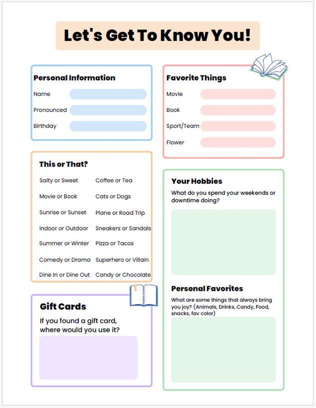Lets Get to Know You Staff Questionnaire Instant Download PDF - Etsy