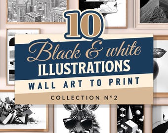 10 opere d'arte da parete in bianco e nero, illustrazioni da stampare, bundle di opere d'arte da parete, set di gallerie alla moda, stampe eclettiche e massimaliste, donne, zebra