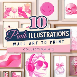 10 Rosa Wandbilder, Illustrationen zu drucken, Bündel Wandkunst, modernes Galerie-Set, Eklektische und Maximalistische Drucke, Porträt, Landschaft, Smiley