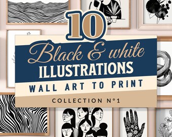 10 opere d'arte da parete in bianco e nero, illustrazioni da stampare, bundle di opere d'arte da parete, set di gallerie alla moda, stampe eclettiche e massimaliste, donne, bici