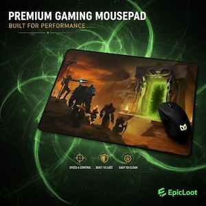 May include: A rectangular gaming mousepad featuring a fantasy illustration of warriors near a glowing green portal. The text reads PREMIUM GAMING MOUSEPAD, BUILT FOR PERFORMANCE, SPEED & CONTROL, BUILT TO LAST, EASY TO CLEAN, and EpicLoot.