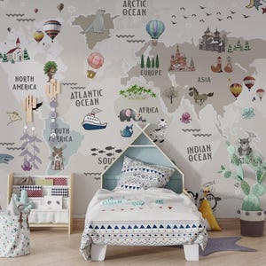 May include: A children's bedroom with a world map mural featuring continents, oceans, and illustrations of animals, ships, and hot air balloons. The room includes a bed, bookshelf, cactus, and decorative elements.