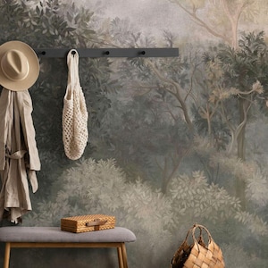 May include: A hallway with a forest-themed wallpaper, a wooden bench, a hat, a bag, and a basket. The wallpaper features a misty forest scene with trees and foliage in shades of green and brown.