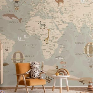 Papier peint carte du monde vintage, décoration murale en montgolfière avion, décoration murale voyage éducative, papier peint autocollant pour chambre d'enfant
