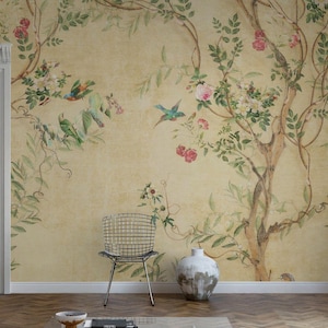 Birds Wallpaper, Chinoiserie Wall Mural, Peel and Stick Wallpaper, Removable Wall Decal, Classic Room Wallpaper, Vintage Floral Mural