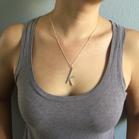 SILVER Initial Necklace . Letter 