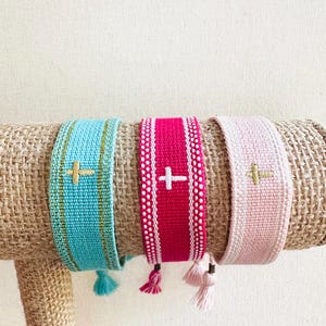 Embroidered Cross Bracelet: Woven Cotton Communion Gift