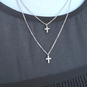 Sterling Silver Double Cross Necklace: Tiny CZ Charm, Adjustable