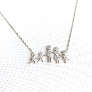 Sterling Silver Family Necklace: Cubic Zirconia Pendant, Adjustable Chain