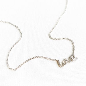 Sterling Silver Love Necklace: Cursive Word Pendant, Adjustable Chain