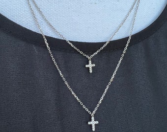 tiny CROSSES NECKLACE Sterling SILVER . little cross necklace . tiny cross necklace . double strand cross necklace . 925