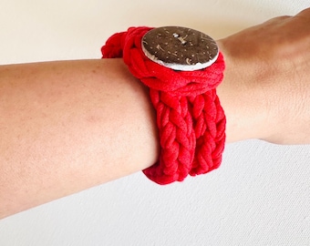 Red Crochet Cotton Cuff Bracelet: Handmade Woven Yarn Chunky Bracelet