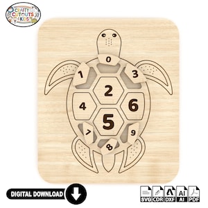 Archivos cortados con láser de juguete educativo de tortuga, rompecabezas de aprendizaje de madera para niños, juego sensorial divertido y juego de matemáticas para niños, descarga digital