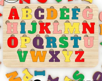 May include: Wooden alphabet puzzle with colorful letters A through Z. The letters are in various colors and fit into a wooden board. The image also includes the text "CRAFTY CUTOUTS 4 KIDS" and "DIGITAL DOWNLOAD".