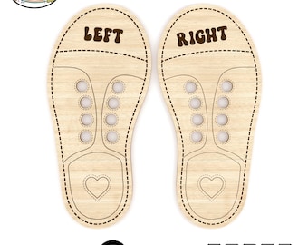 May include: A digital download of two wooden shoe outlines with the words "LEFT" and "RIGHT" printed on them. The outlines have a heart shape at the toe and a row of holes along the sides.