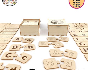 May include: A set of wooden alphabet puzzle pieces in a wooden box. The pieces are uppercase and lowercase letters. The box is labeled "Alphabet Matching Puzzles". The material thickness is 3 mm, 4 mm, or 5 mm (1/8 in).