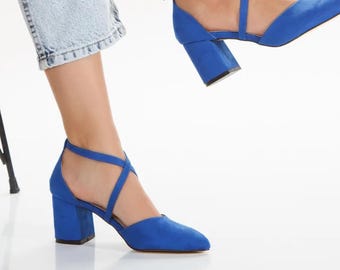 Wedding Shoes, Bride Wedding Shoes, Blue Crisscross Strap Wedding Heels | Block Heel Bridal Shoes | Modern Bridesmaid Heels Comfort shoes