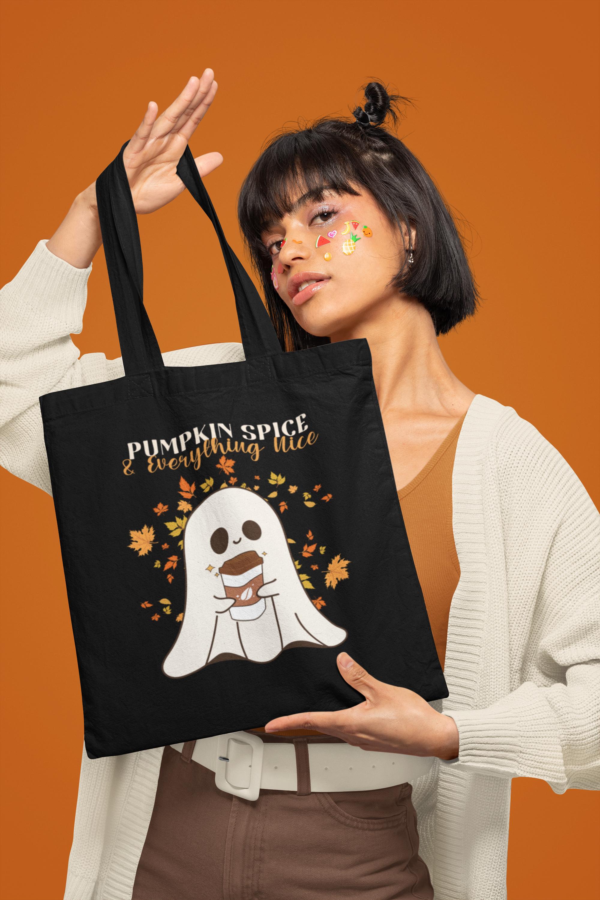 Pumpkin Spice & Everything Nice Black Cotton Canvas Tote Bag, Coffee Ghost, Fall Halloween, Spooky Season, Autumn Leaves, Happiness In A Cup