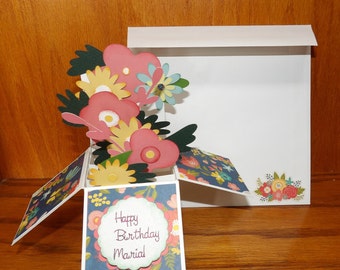 Handmade Greeting Card pop up box card Exploding 3D Flowers Happy Birthday Maria! Any Name  Personalized back Folds flat w/ envelope