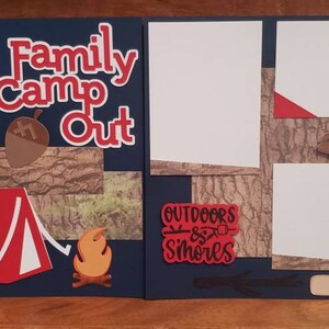 Handmade Premade Scrapbook page Layout 2 12 x 12 Family Camp out smores fire tent  Ready for your pictures