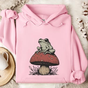 May include: A pink hoodie with a graphic of a green frog sitting on a red and white mushroom.