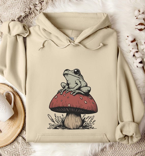 Cute Frog on a Mushroom Hoodie, Funny Frog Sublimation Hoodie, Graphic Frog Hoodie, Women's Cute Frog Hoodie, Unisex Xmas Hoodie