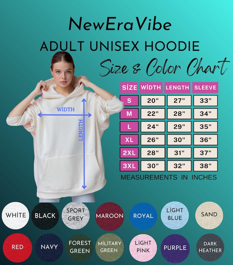 May include: A cream-colored adult unisex hoodie with a front pocket, displayed on a model. The image includes a size and color chart with measurements in inches. Available colors include white, black, and various other shades.