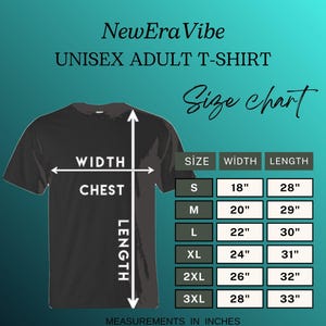 Puede incluir: Camiseta negra unisex para adultos con una tabla de tallas. La tabla muestra las medidas de ancho de pecho y largo en pulgadas para las tallas S a 3XL. El texto "NewEra Vibe" y "UNISEX ADULT T-SHIRT" est&aacute;n en la parte superior.