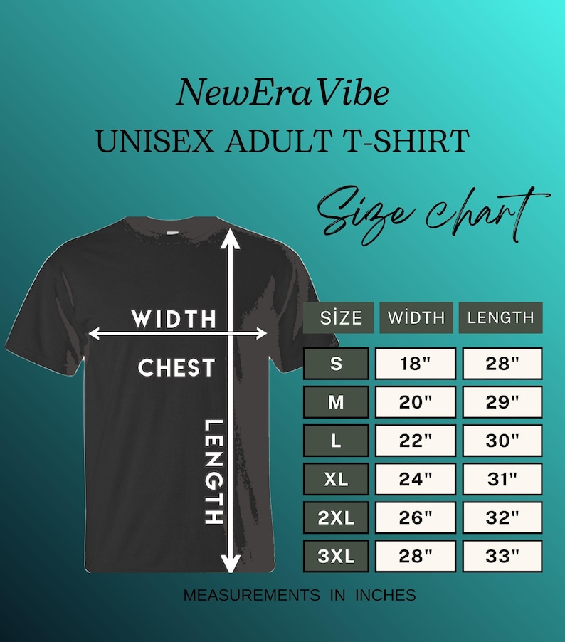 Puede incluir: Camiseta negra unisex para adultos con una tabla de tallas. La tabla muestra las medidas de ancho de pecho y largo en pulgadas para las tallas S a 3XL. El texto "NewEra Vibe" y "UNISEX ADULT T-SHIRT" est&aacute;n en la parte superior.