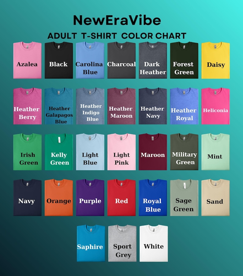 Puede incluir: Una carta de colores de camisetas para adultos de NewEraVibe, que muestra una variedad de colores. La carta incluye Azalea, Negro, Azul Carolina, Carb&oacute;n, Heather oscuro, Verde bosque, Margarita, Heather Berry, Heather Galapagos Blue, Heather Indigo Blue, Heather Maroon, Heather Navy, Heather Royal, Heliconia, Verde irland&eacute;s, Verde Kelly, Azul claro, Rosa claro, Marr&oacute;n, Verde militar, Menta, Azul marino, Naranja, P&uacute;rpura, Rojo, Azul real, Zafiro, Gris deportivo, Blanco y Verde salvia.