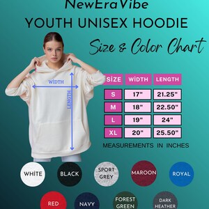 May include: A cream-colored youth unisex hoodie with a front pocket, displayed with a size and color chart. The chart shows measurements in inches, with sizes ranging from S to XL. Available colors include white, black, sport grey, maroon, royal, red, navy, forest green, and dark heather.