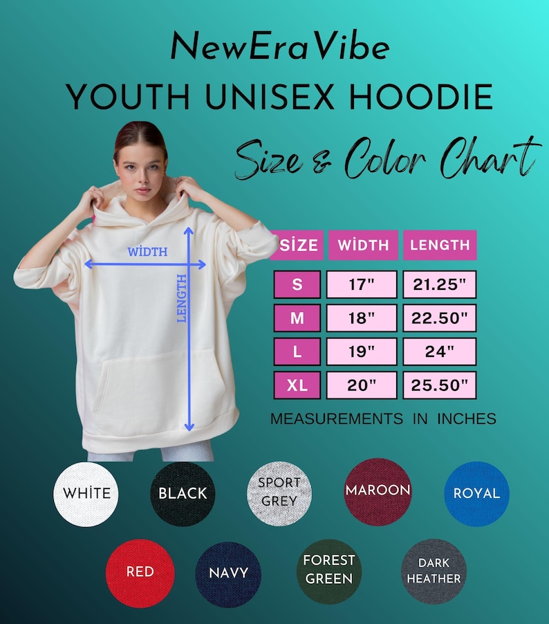 May include: A cream-colored youth unisex hoodie with a front pocket, displayed with a size and color chart. The chart shows measurements in inches, with sizes ranging from S to XL. Available colors include white, black, sport grey, maroon, royal, red, navy, forest green, and dark heather.