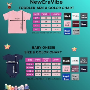 Puede incluir: Una tabla de tallas y colores para camisetas de ni&ntilde;o peque&ntilde;o y bodies de beb&eacute;. La tabla incluye medidas en pulgadas para el ancho y largo de las camisetas y bodies. Las opciones de color incluyen negro, blanco, rosa claro, granate, azul marino, azul real y gris deportivo.
